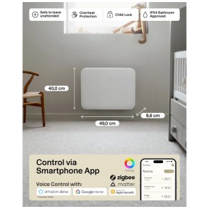 Stufa a pannello Mill Invisible Smart WiFi bianca 400W a parete, 49x40x8.6cm. Riscaldatore intelligente con WiFi, app, IPX4, blocco bambini.