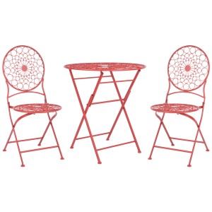 Set bistrot pieghevole Scario di Beliani, in metallo rosso, composto da tavolo e due sedie.