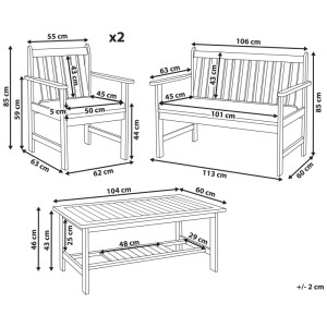Schizzo set lounge Altidona: acacia, marrone/crema, 2 poltrone, divano, tavolo con misure.