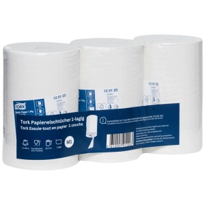 Trois rouleaux blancs d'essuie-tout Tork Basic 1 pli, 21,5 cm de large, sous film. Idéal pour essuyer et sécher.