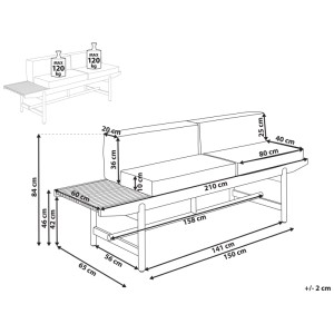 Disegno tecnico della panca da giardino Giaveno in legno di acacia con misure, cuscino crema e portata 120 kg.