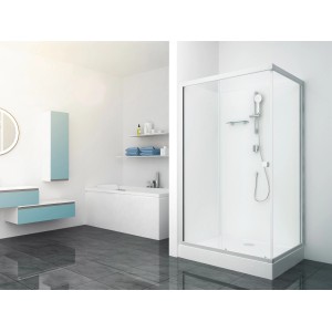 Douche complète Aurlane, carrée, 115x90x205 cm, argent mat, avec douchette et étagère dans salle de bain moderne.