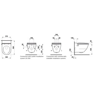 Schéma technique du WC douche Laufen Navia suspendu avec dimensions et détails d'installation.