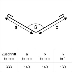 Schizzo di raccordo perimetrale in alluminio naturale, taglio 333 mm, misure a/b 149 mm, angolo 130 gradi.