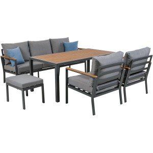 Ensemble repas Greemotion Bozen, 6 pièces, anthracite. Mobilier de jardin lounge avec table, canapé, fauteuils et tabouret.