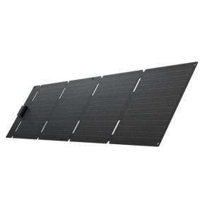 Dunkles, faltbares 60W Ecoflow Solarpanel, entfaltet, mit vier Segmenten. Ideal für mobile Solaranlagen.