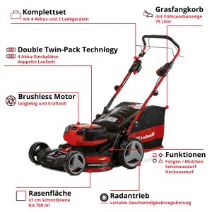 Tagliaerba a batteria Einhell GP-CM 36/47 S HW Li con 4 batterie e cesto di raccolta. Ideale per giardini medi.