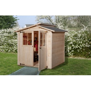 Abri de jardin en bois Weka 323 avec toit à deux pentes décalé, non traité, avec double porte ouverte.