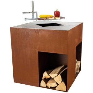 Brasero Quadro Ruggine en acier rouillé avec grill et rangement pour le bois.