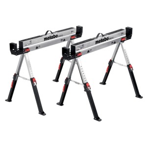 Set de tréteaux Metabo MAB 82 : Deux tréteaux en acier argenté réglables en hauteur avec cadre noir.