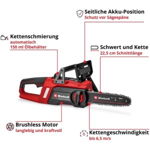 Tronçonneuse à batterie rouge Einhell GE-LC 18/25 Li BL Solo avec guide de 22,5 cm.