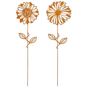 Zwei rostige Gartenstecker Blumen aus Metall, 114 cm hoch, für Gartendekoration.
