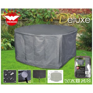 Telo protettivo rotondo grigio Wehncke Deluxe per set da giardino, 200x95 cm, idrorepellente, con coulisse su prato.