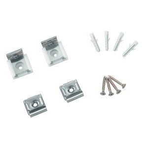 Kit de fixation pour miroir : 4 supports argentés, vis et chevilles pour le montage.