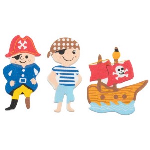 Moosgummisticker Piraten Set: Pirat, Junge mit Augenklappe und Piratenschiff, selbstklebend für Bastelarbeiten.