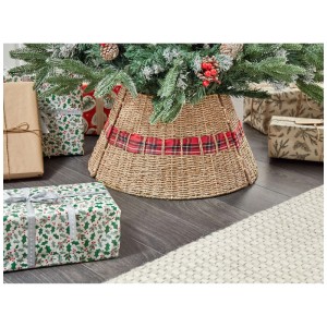 Collerette de sapin de Noël en jonc de mer beige avec ruban écossais rouge, Ø 50 cm.