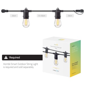 Catena luminosa Hombli 5m con 10 LED bianco caldo e confezione del prodotto.