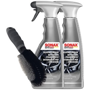 Sonax Felgenreinigungs-Set mit 2 Flaschen Reiniger und Bürste für die Autopflege.