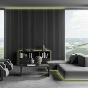 Soggiorno con illuminazione indiretta tramite striscia LED RGB. Cambio colore e funzione dimmer.