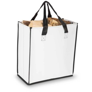 Borsa multiuso bianca Müllex Heavy Bag (50 l) in telone, riempita di legna.