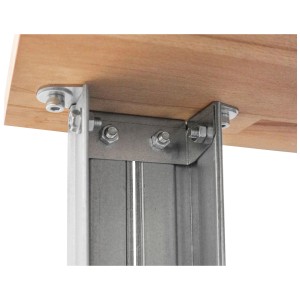 Détail : Établi galvanisé AR Shelving Pro avec plateau en bois et vis.