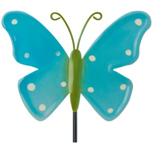 Gartenstecker Schmetterling aus Eisen, blau-grün mit weißen Punkten, 30 cm hoch.