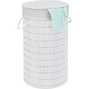 Cesto portabiancheria Wenko Bamboo bianco, 55 l, con coperchio e sacco. Pratico contenitore.