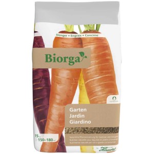Sack Hauert Biorga Gartendünger 15kg mit Karotten-Motiv. Bio-Dünger für den Garten.