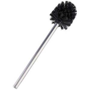 Brosse WC avec manche en acier inoxydable mat et tête noire.
