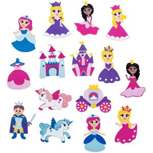 Buntes 30-tlg. Moosgummi-Sticker Set mit Prinzessinnen, Schlössern, Einhorn und Prinz. Ideal zum Basteln & Dekorieren.