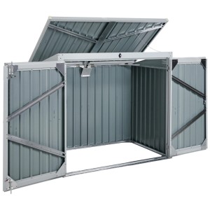 Abri de jardin ouvert en acier gris clair Beliani Moena avec toit en pente et portes doubles.