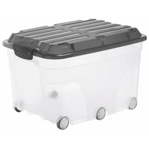 2er Set Rotho Rollboxen, 57L, anthrazitfarbener Deckel, transparent, mit 6 Rollen für einfache Aufbewahrung.