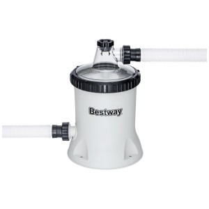 Pompe de filtration Bestway Polysphere blanche avec tuyaux et boîtier transparent pour piscine.