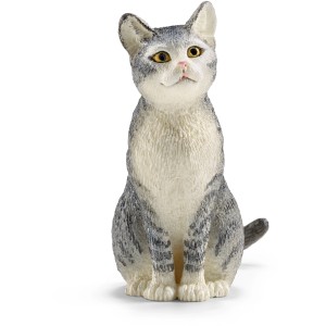 Gatto seduto Schleich Farm World, tigrato grigio, statuetta giocattolo dettagliata.