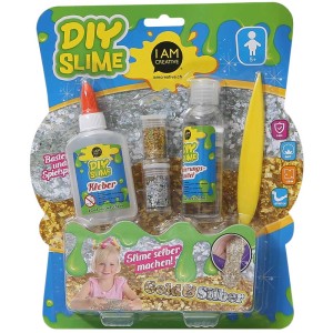 Slime DIY-Set, 7-teilig: Bastelset mit Kleber, Aktivator, Gold- und Silberflocken, Rührstab und Behälter.