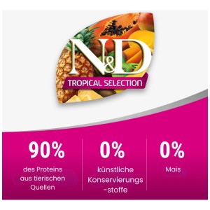 N&D Alimento secco per cani Tropical Selection Salmon Adult Mini, con frutta tropicale e salmone.