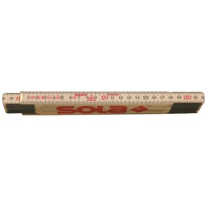 Sola mètre pliant en bois H 2.4/12, plié, avec lettrage rouge et échelle.