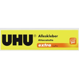Gelbe UHU Alleskleber Extra Gel Verpackung mit schwarzem Logo. Tropffreier Kleber für vielseitige Anwendungen.