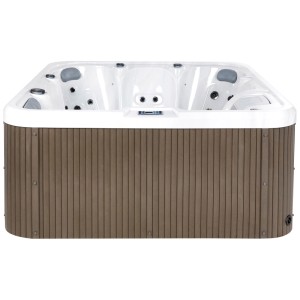 Spa extérieur Beliani Calima blanc avec revêtement aspect bois marron et plusieurs places pour 6 personnes.