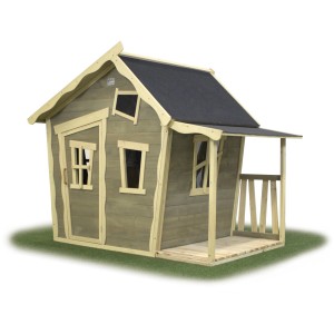 Maisonnette en bois EXIT Crooky 150 gris-beige avec véranda et toit noir.