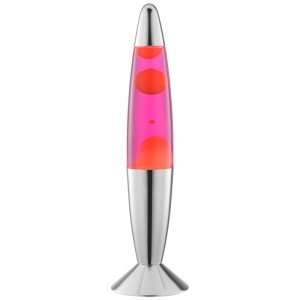 Brilliant Retro-Lavalampe aus Chrom-Metall und Glas, pinke Flüssigkeit, orange Lava. Design-Tischlampe.
