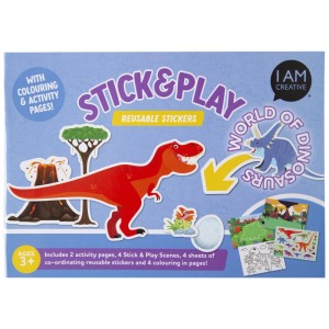 I Am Creative Stick-and-Play-Buch Dino A5 mit Dinosaurier-Motiven und wiederverwendbaren Stickern.