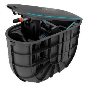 Gardena Undercover Hose Box RollUp M 20m, aperta. Avvolgitubo da giardino a scomparsa.