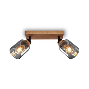 Plafonnier Briloner Royk avec 2 spots orientables, base en bois, verre fumé, douille E27.