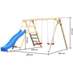 Balancelle double Karibu Felix avec toboggan bleu et structure d'escalade en bois.