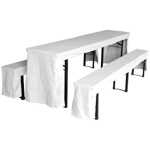 Coperture bianche per set da birreria (220x70 cm, 3 pezzi) su tavolo e panche da birra.