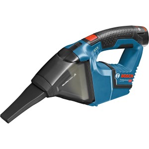 Aspirateur à main sans fil Bosch Professional GAS 12 V-LI, bleu/noir, avec suceur plat et filtre plissé plat.