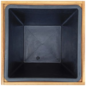 Fioriera quadrata con struttura in legno di acacia e inserto in plastica, vista dall'alto.