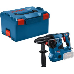 Martello perforatore a batteria Bosch Professional GBH 18 V-28 C con L-Boxx, impugnatura supplementare e batteria.