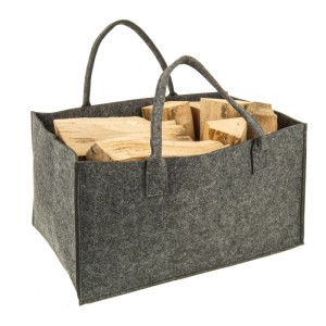 Sac en feutre gris Valo, pliable, rempli de bois, accessoire pour cheminée et poêle.
